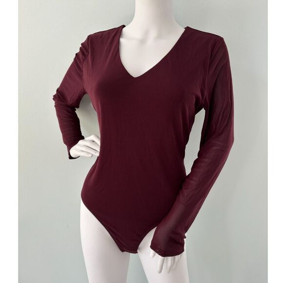 NWT New York and Company Burgundy Wine Long Sleeve Mesh Leotard Bodysuit size M - Picture 1 of 5